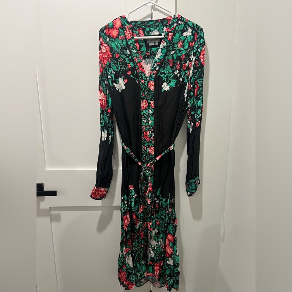 Anthropologie Black, Red, White, and Green Floral Long Sleeve Dress